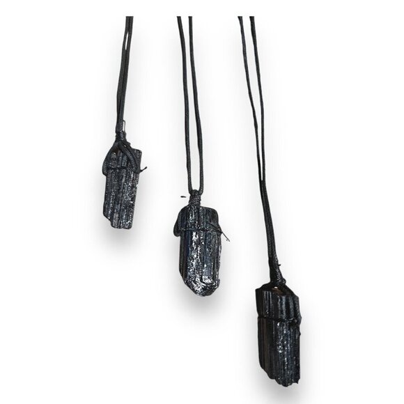 Black Tourmaline Natural Chunk Pendant Necklace w Velvet Cord 2.25" Size Crystal - Picture 5 of 11